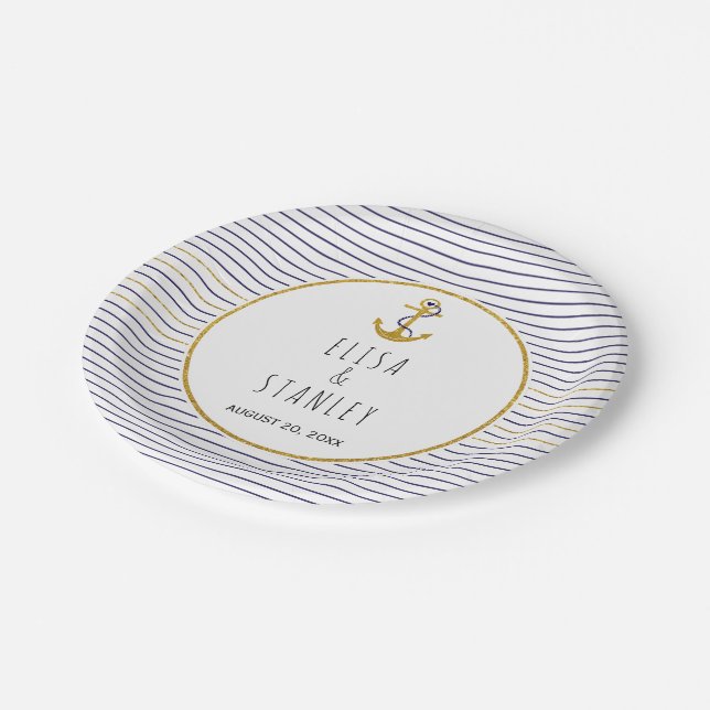 Gold anchor navy blue stripes nautical wedding paper plate (Angled)