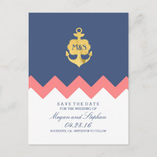 gold anchor navy coral chevron save the date announcement postcard