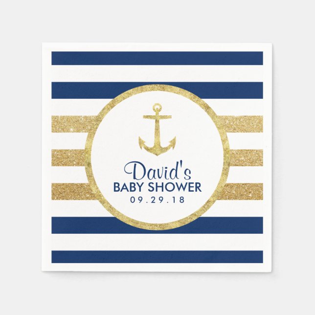 Gold Anchor Navy Gold Stripes Nautical Baby Shower Napkin (Front)