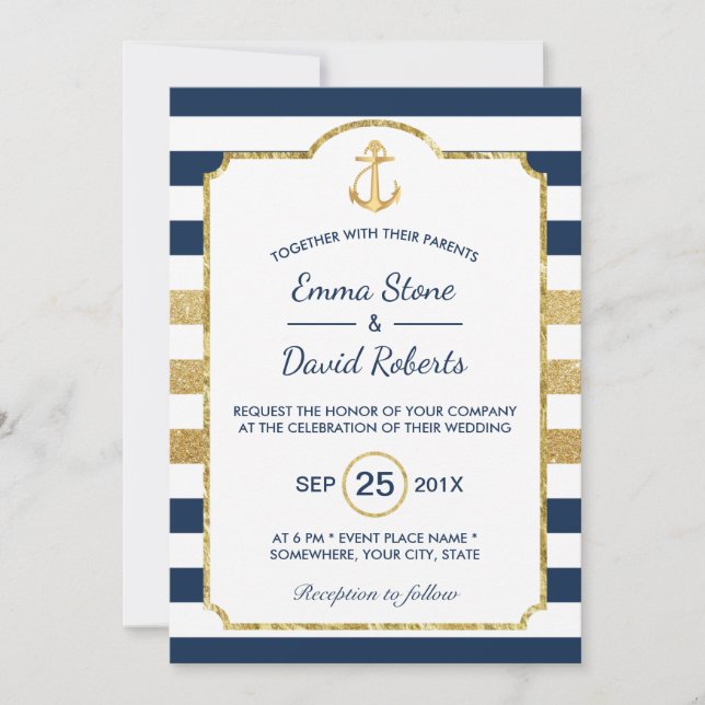 Gold Anchor Navy & Gold Stripes Nautical Wedding Invitation (Front)