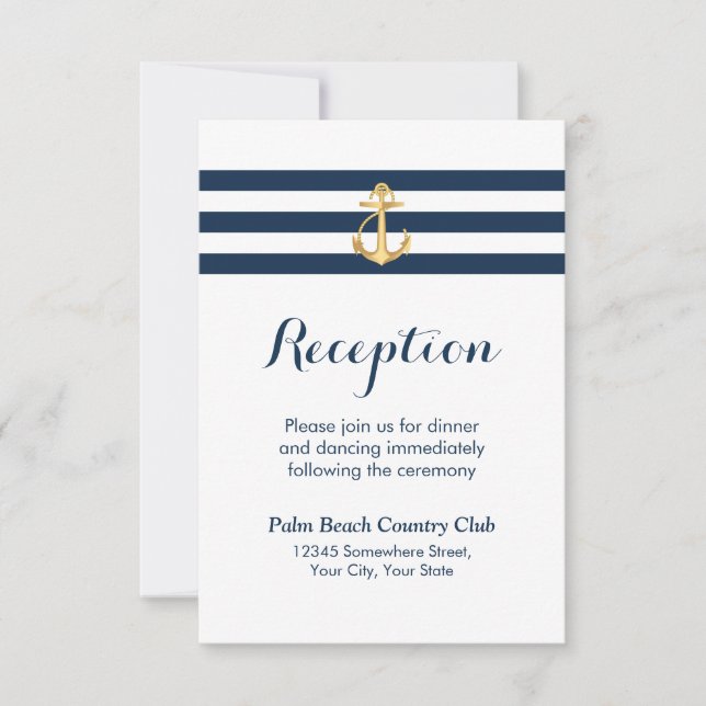 Gold Anchor Navy Stripe Nautical Wedding Reception Invitation (Front)