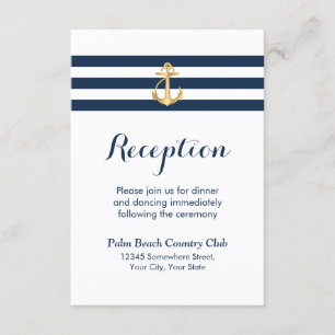 Gold Anchor Navy Stripe Nautical Wedding Reception Invitation