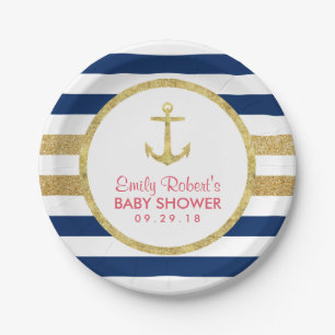 Gold Anchor Navy Stripes Nautical Baby Shower Paper Plate