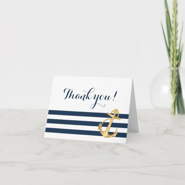 Gold Anchor Navy Stripes Nautical Thank You (Front)