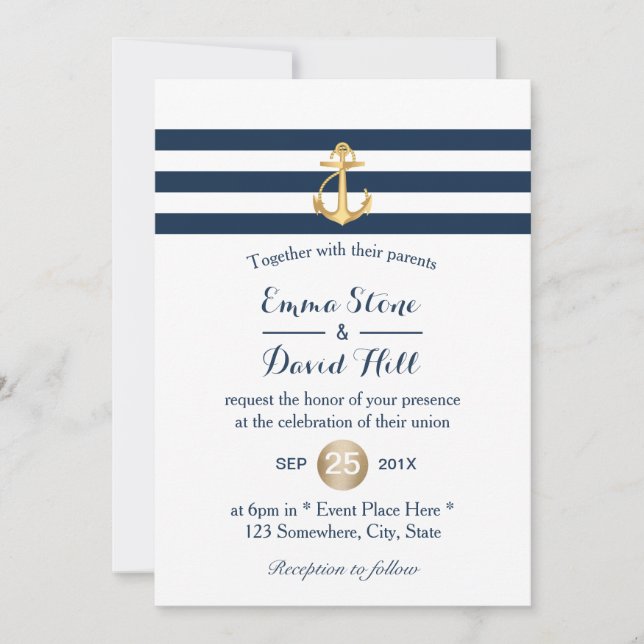 Gold Anchor Navy Stripes Nautical Wedding Invitation (Front)