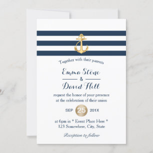 Gold Anchor Navy Stripes Nautical Wedding Invitation
