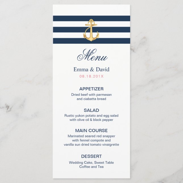 Gold Anchor Navy Stripes Nautical Wedding Menu (Front)