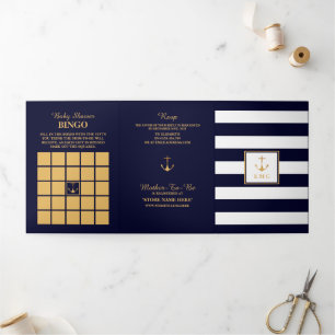 Gold Anchor Navy & White Stripe Baby Shower Suite Tri-Fold Invitation