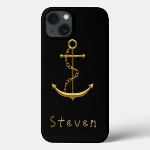 Gold anchor on black nautical name iPhone 13 case