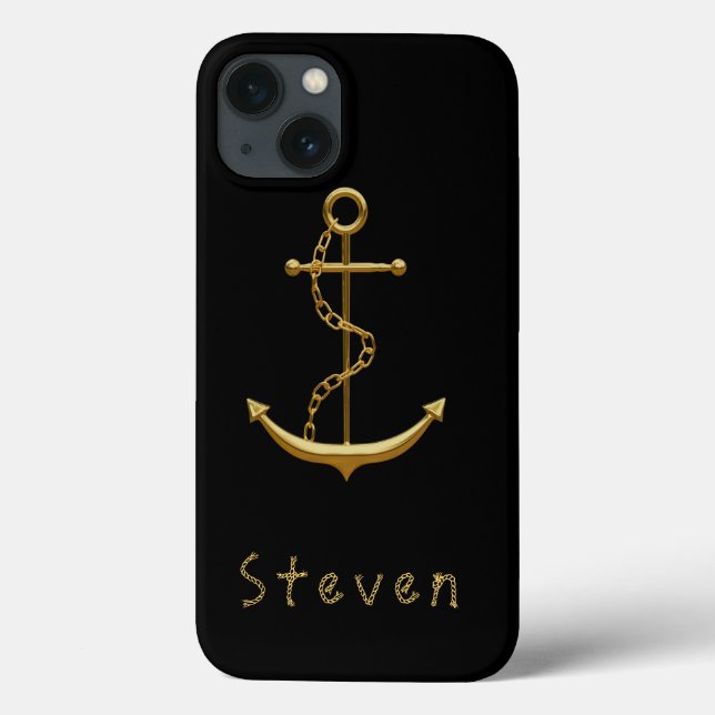 Gold anchor on black nautical name Case-Mate iPhone case (Back)