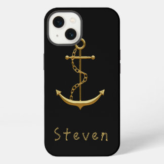 Gold anchor on black nautical name iPhone 13 case