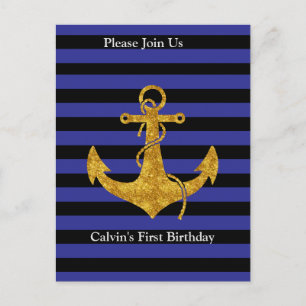 Gold Anchor on Blue Stripes with Custom Colour Postcard