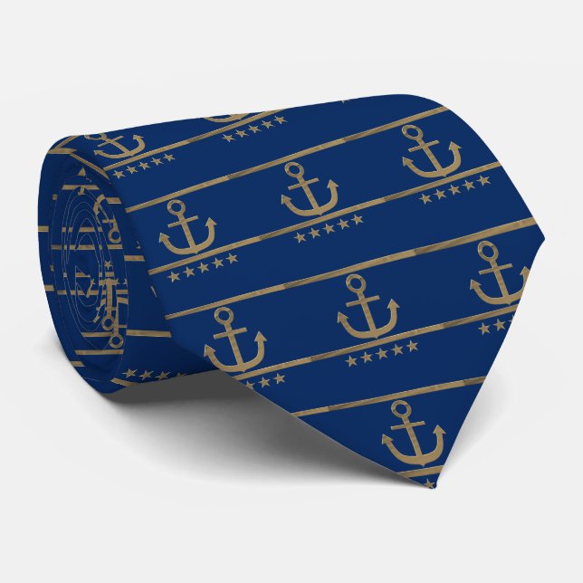 gold anchor on navy blue background tie (Rolled)
