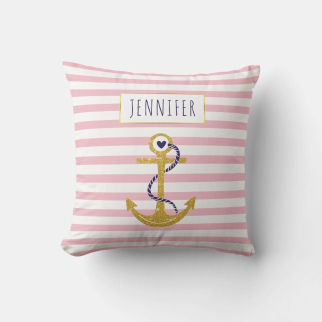 Gold  anchor pink striped pattern trendy nautical outdoor cushion (Front)