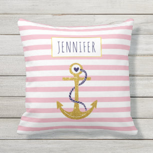 Gold anchor pink striped pattern trendy nautical outdoor cushion