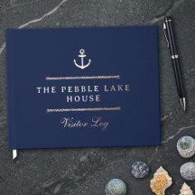 Gold Anchor & Rope Navy Blue Nautical Visitor Log