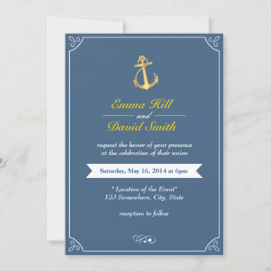 Gold Anchor Royal Blue Nautical Wedding Invites