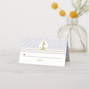 Gold anchor stripes nautical wedding folded escort place card