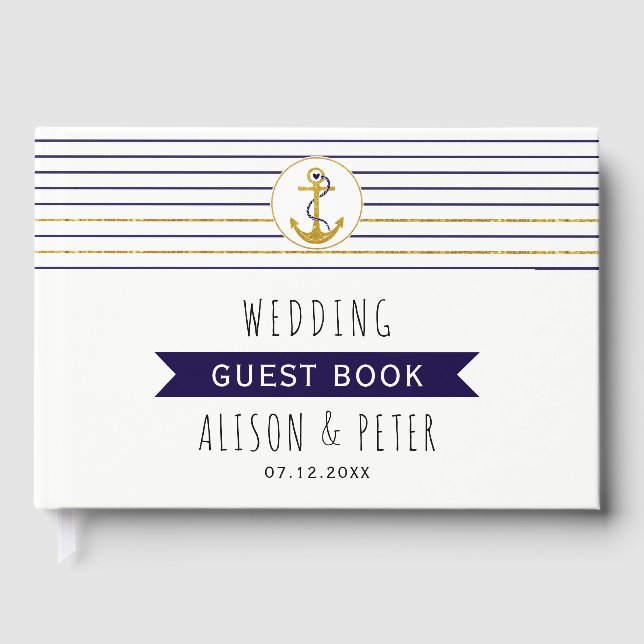 Gold anchor stripes nautical wedding guest book (Front)