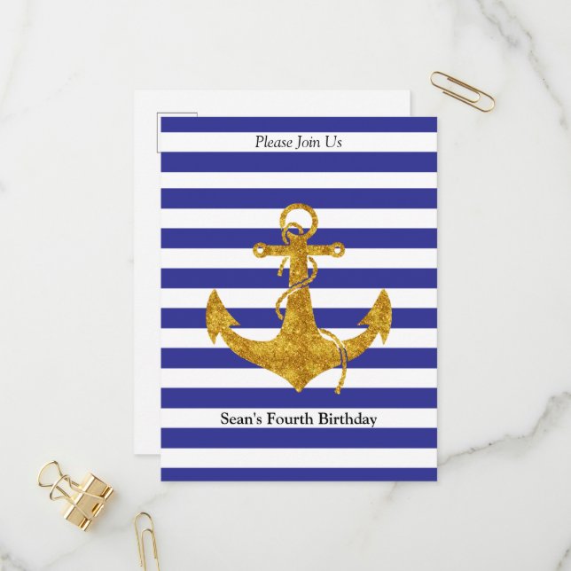 Gold Anchor with Blue Stripes Birthday Invitation Postcard (Front/Back In Situ)