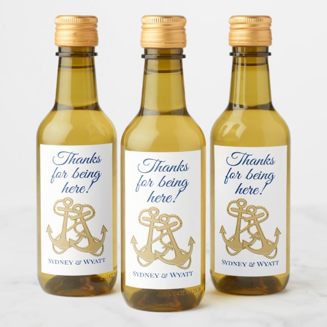 Gold Anchors Nautical Wedding Mini Bottle Wine Label (Bottles)