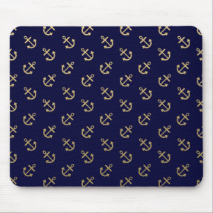 Gold Anchors Navy Blue Background Pattern Mouse Mat