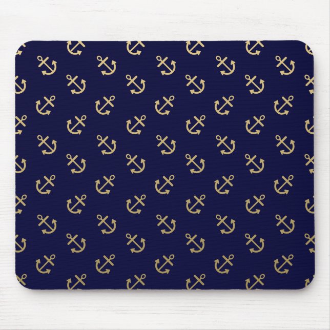 Gold Anchors Navy Blue Background Pattern Mouse Mat (Front)