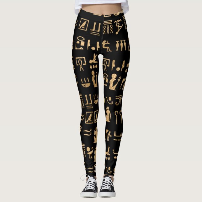 Gold Ancient Egyptian Hieroglyphics on Black Leggings (Front)