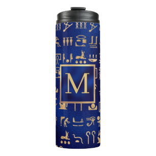 Gold Ancient Egyptian Hieroglyphics on Blue Thermal Tumbler