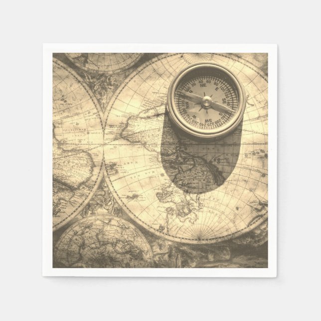 Gold Ancient Map & Compass Paper Napkins (Front)