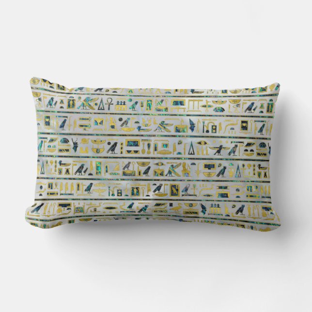 Gold and Abalone Egyptian hieroglyphs on pearl Lumbar Cushion (Front)