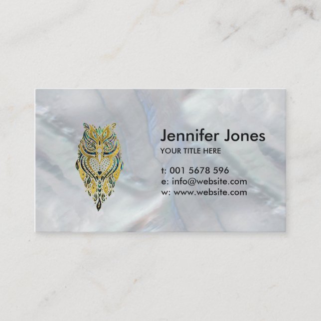 Gold and Abalone Tribal Owl Business Card (Front)