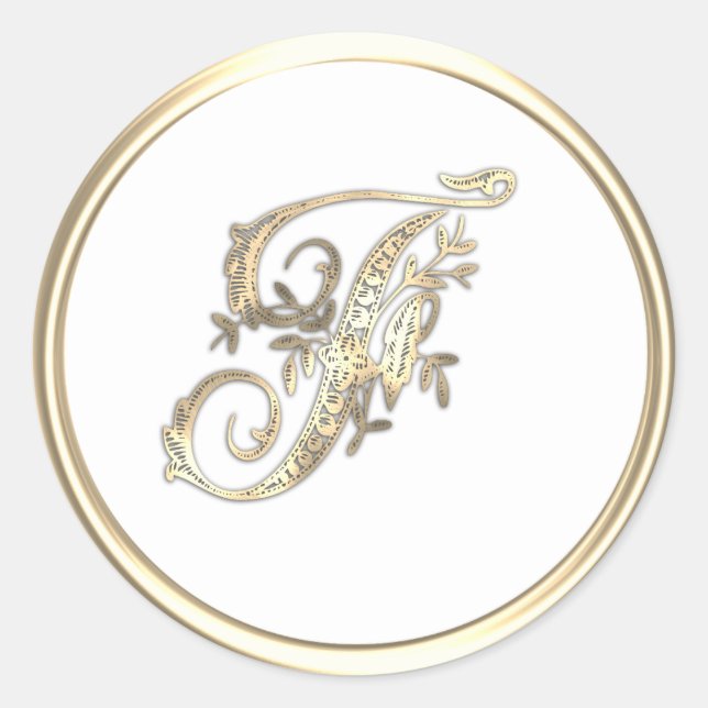 Gold and Any Colour Ornate Initial Monogram F Classic Round Sticker (Front)