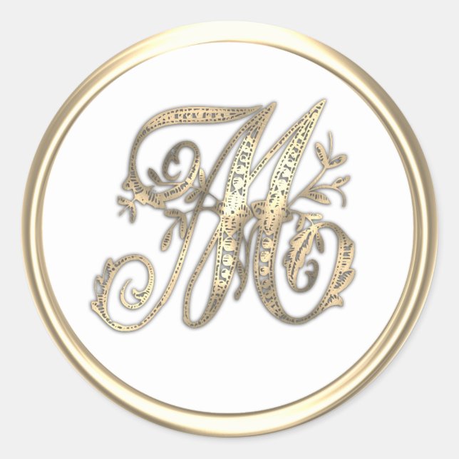 Gold and Any Colour Ornate Initial Monogram M Classic Round Sticker (Front)
