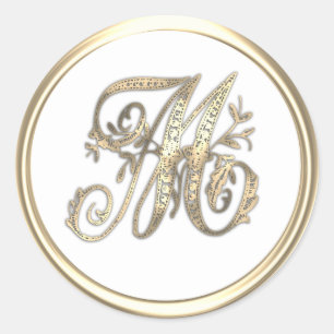 Gold and Any Colour Ornate Initial Monogram M Classic Round Sticker