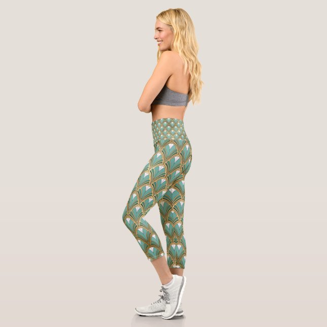 Gold and Aqua Art Deco Geometric Capri Leggings (Left)