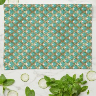 Gold and Aqua Art Deco Geometric Tea Towel