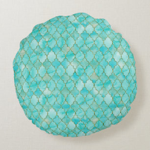 Gold and Aqua Maroccan pattern Round Cushion