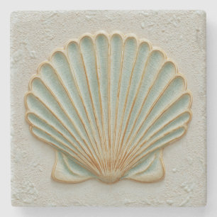 Gold and Aqua Scallop Shell Coastal Stone Coaster