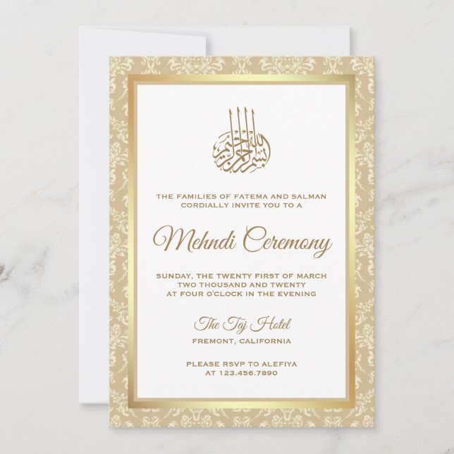 Gold and Beige Damask Islamic Mehndi Ceremony Invitation (Front)
