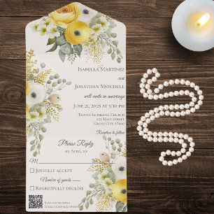 Gold and Beige Floral on Beige QR Code All In One Invitation