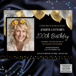 Gold and Black 100th Birthday Photo Invitation