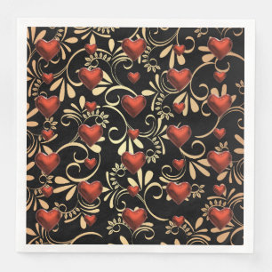 Gold and Black 3 D Red Hearts Napkin