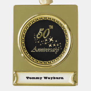 Gold and black 50th Anniversary Celebration Plated Banner Ornament