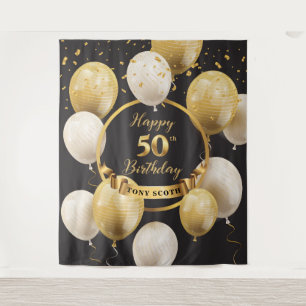 Gold And Black 50th Birthday Backdrop Banner Chic Tapestry