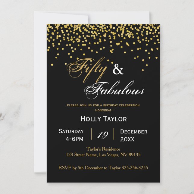 Gold and Black 50th birthday invitation (Front)