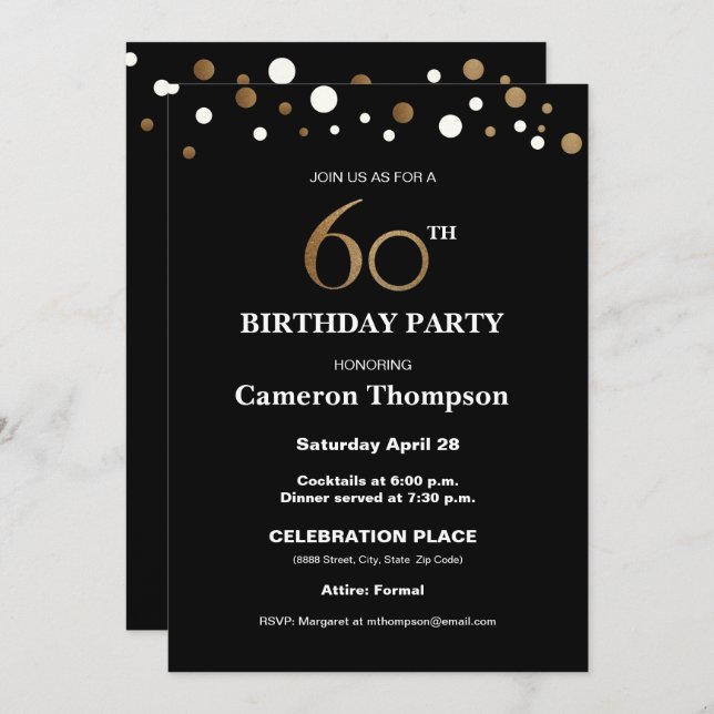 Gold and black, 60th Birthday Party Invitation (Front/Back)