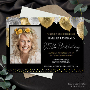 Gold and Black 85th Birthday Photo Invitation