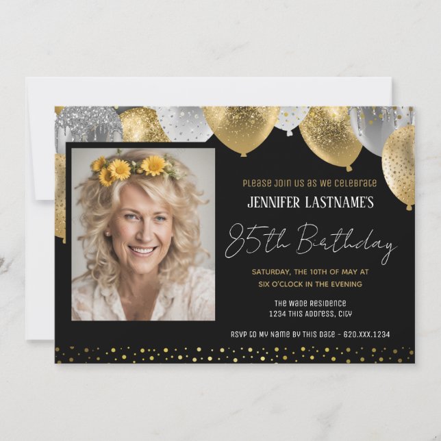 Gold and Black 85th Birthday Photo Invitation (Front)
