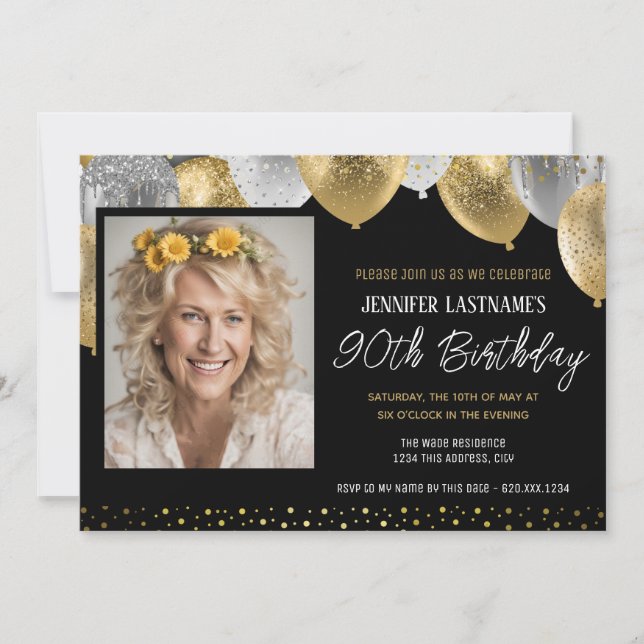 Gold and Black 90th Birthday Photo Invitation (Front)